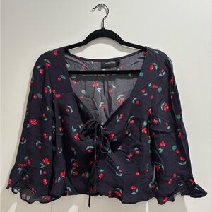 MINKPINK Blue Crop Top with Flutter Sleeves and Tie Front